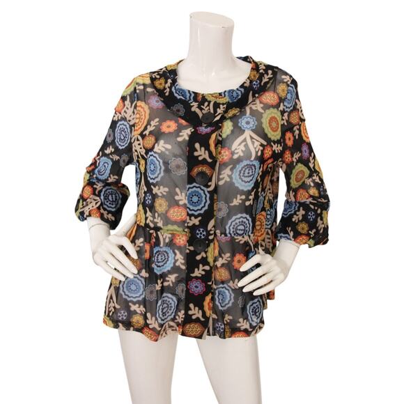 Damee Inc Floral Print Mesh Button Front 3/4 PeplumTop Jacket Large - Picture 1 of 5
